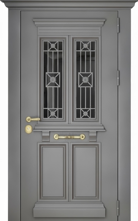 Утепленная термодверь с металлобагетом, карнизом, ковкой и стеклом (полимерная серая покраска)
